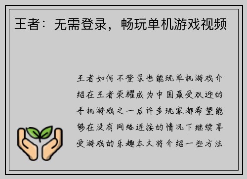 王者：无需登录，畅玩单机游戏视频
