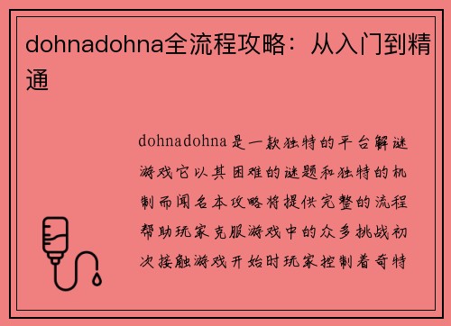dohnadohna全流程攻略：从入门到精通
